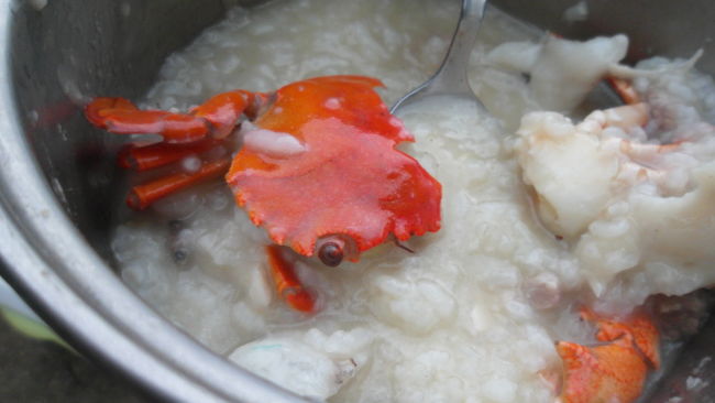 Crab and fish porridge for breakfast on Saint John Island